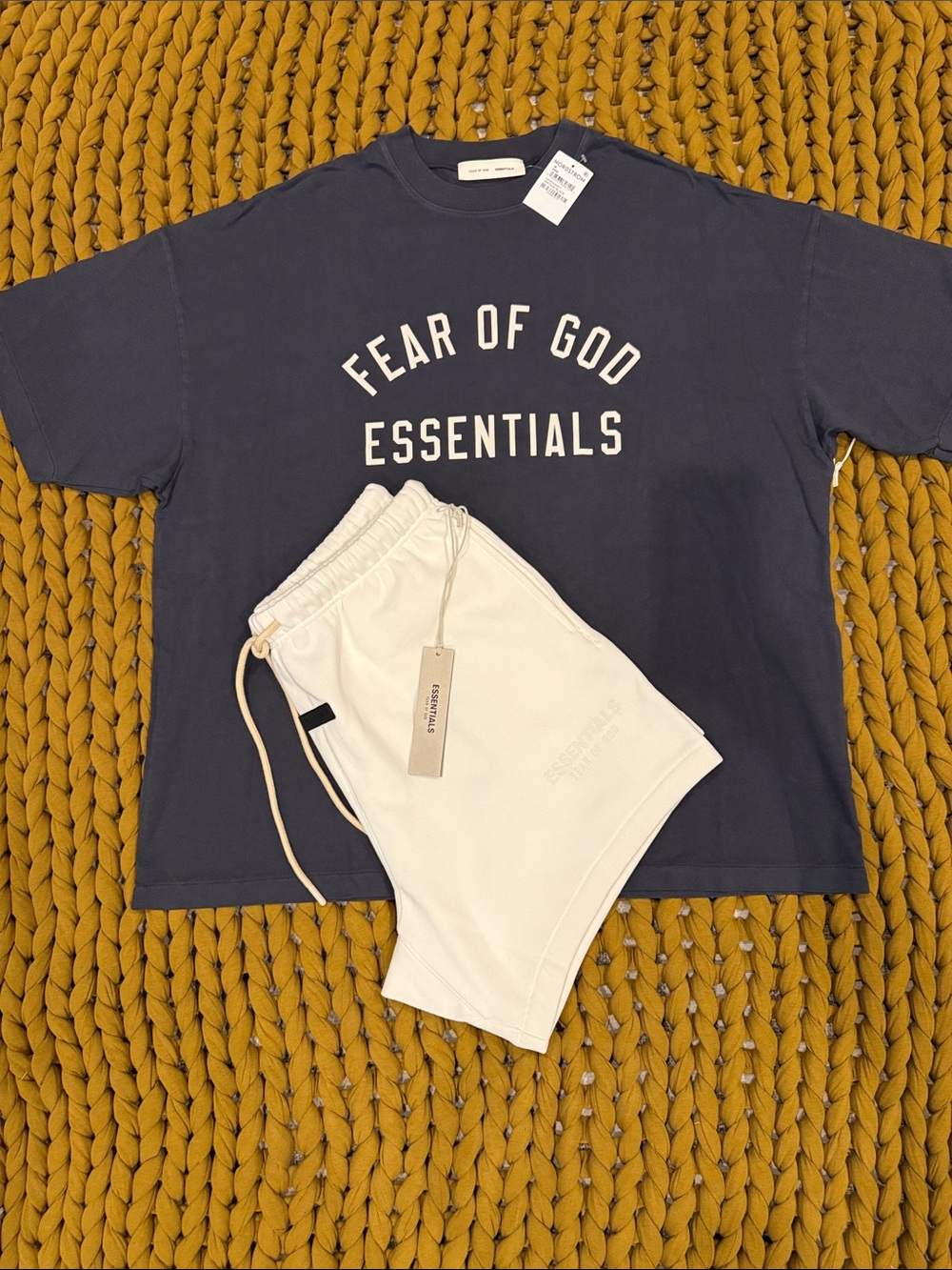 Fear of God Essentials Vintage Black Tee with Cream Shorts Set